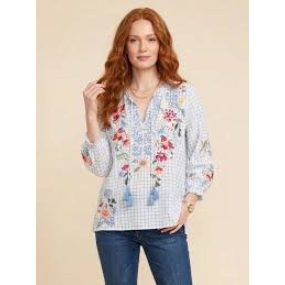 Johnny Was Workshop XL 14 Miro Tassel Embroidered Floral Humingbird Cotton Top